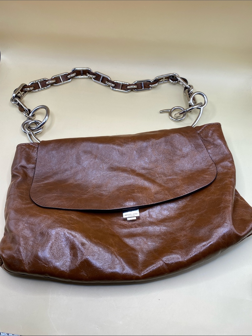 Brown Leather Shoulder Bag with Silver Chain Strap Michael Kors Maid in 🇮🇹